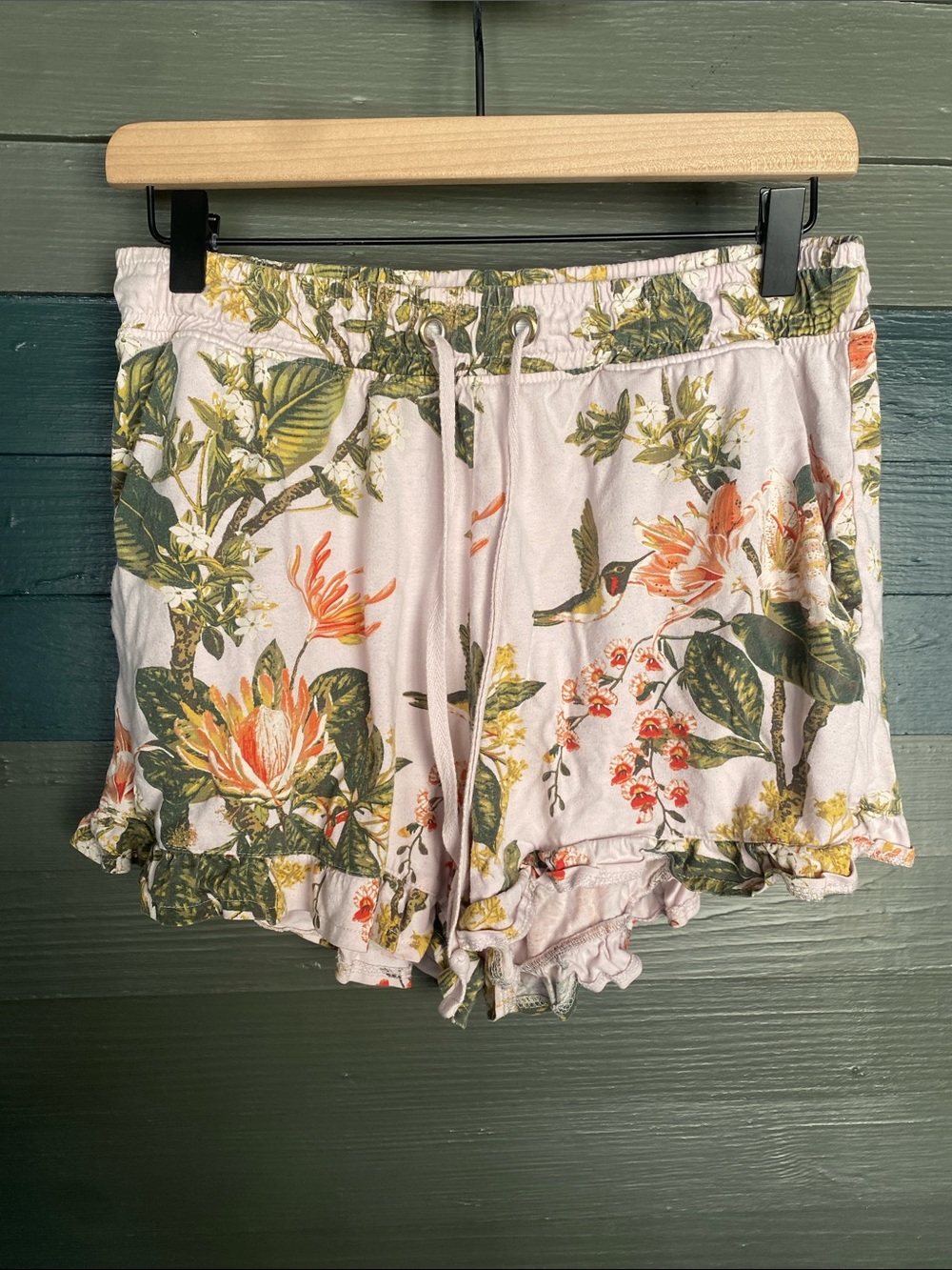H&M Botanical Floral Print Pink Drawstring Ruffle Shorts